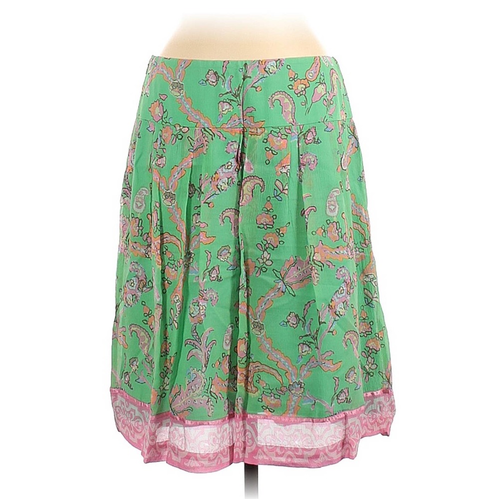 Vintage 100% Silk Floral Pleated A-Line Skirt Size 8 Green & Pink